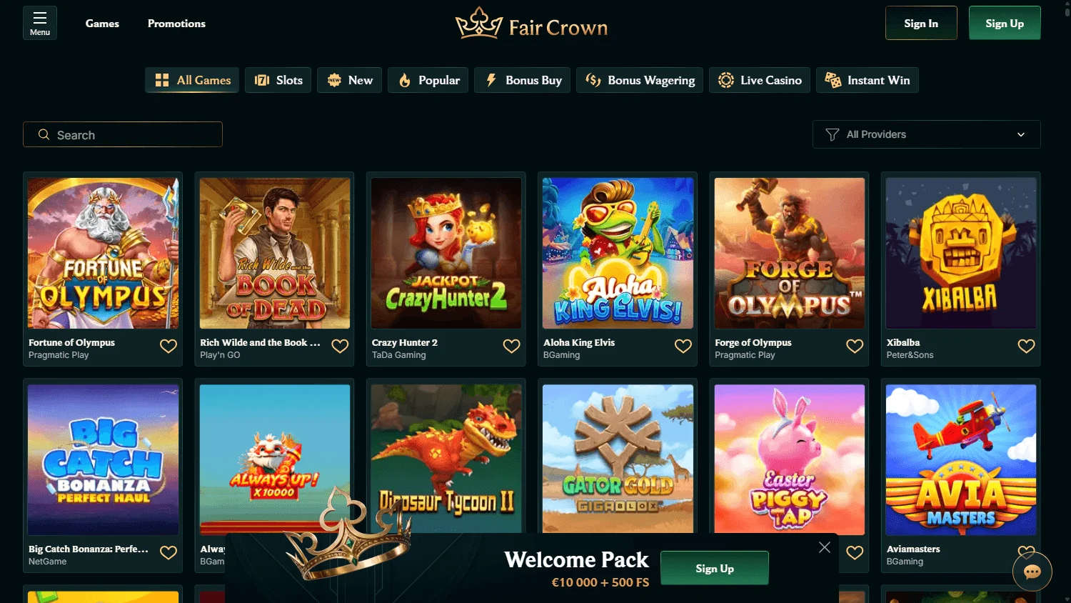 Faircrown Casino desktop game catalogue with pokies and live casino categories