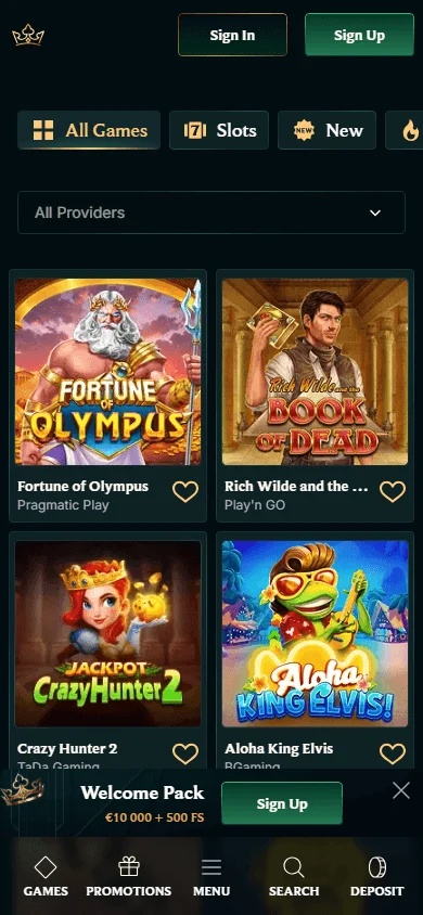 Faircrown Casino mobile game catalogue with slots and live casino options