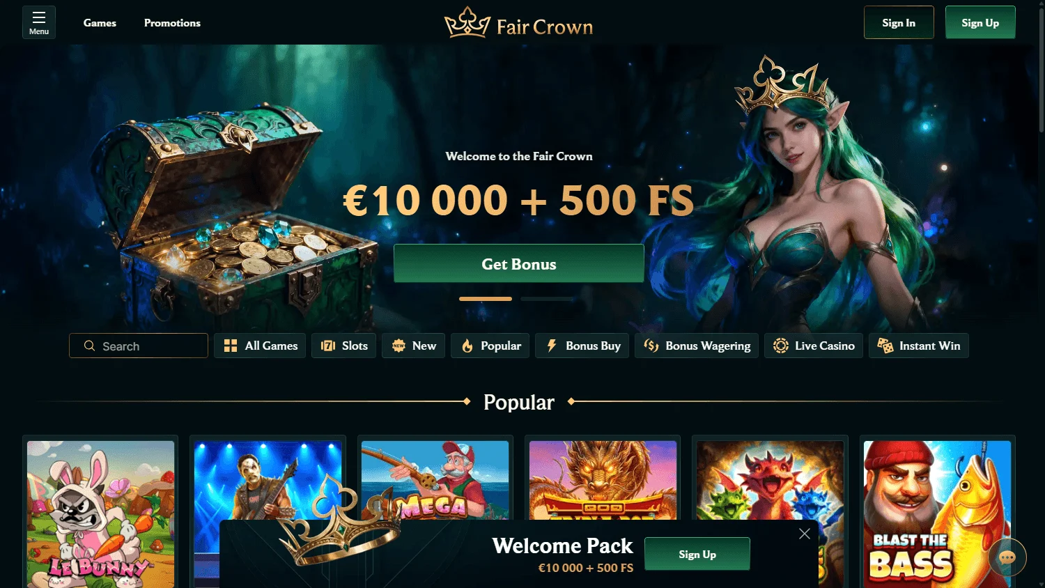 Faircrown Casino desktop home experience with the welcome offer and casino access