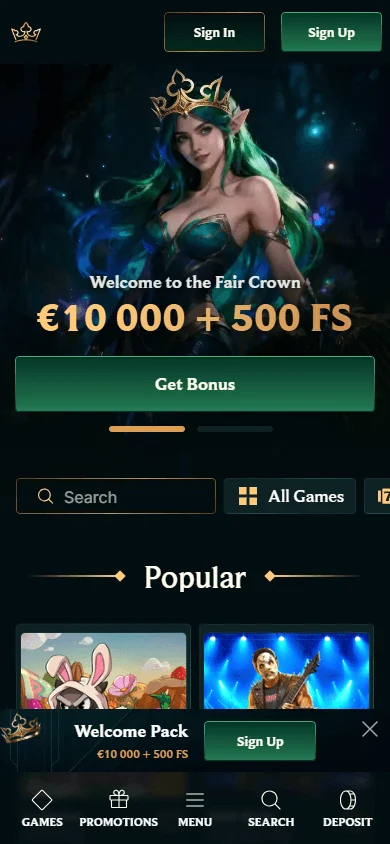 Faircrown Casino mobile PWA home experience on an iOS or Android device