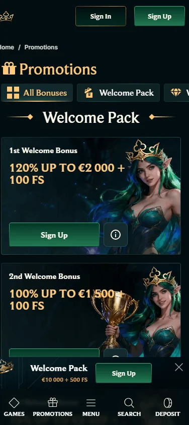 Faircrown Casino mobile promotions area with welcome and free-spin offers
