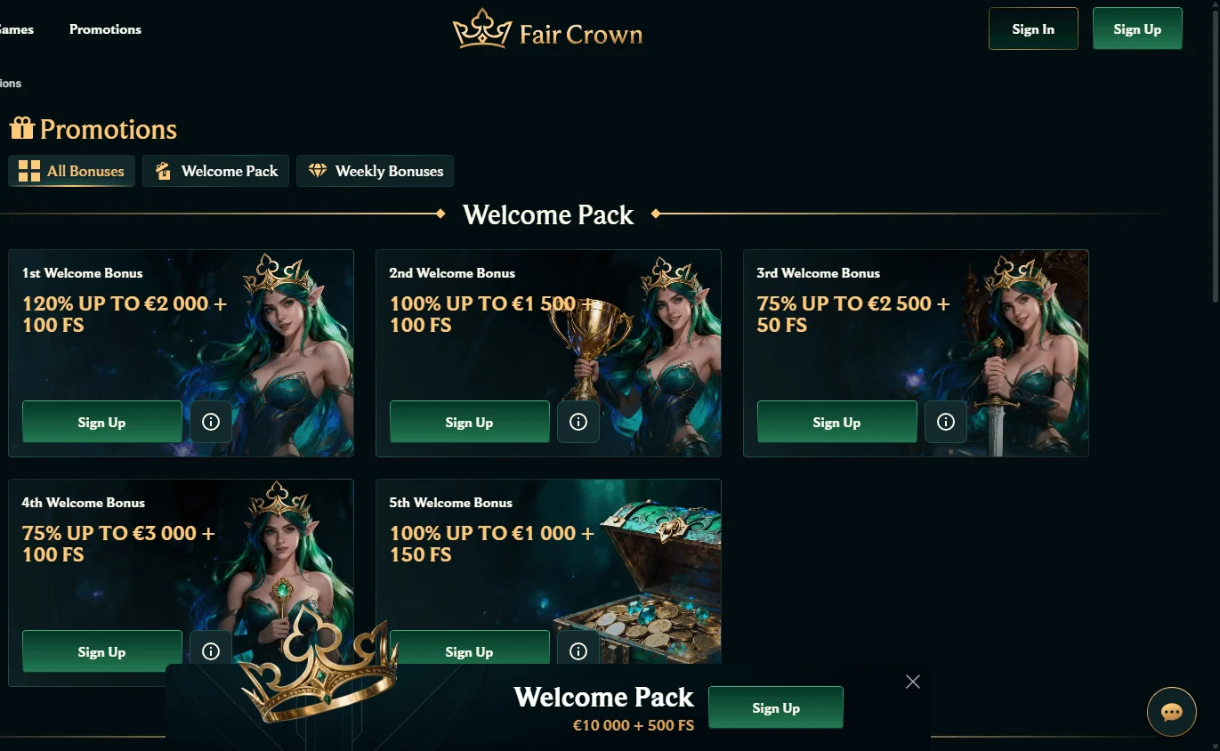 Faircrown Casino desktop promotions with welcome, free-spin and cashback offers